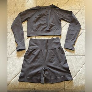 Gray Long Sleeve Crop Top and workout shorts Set